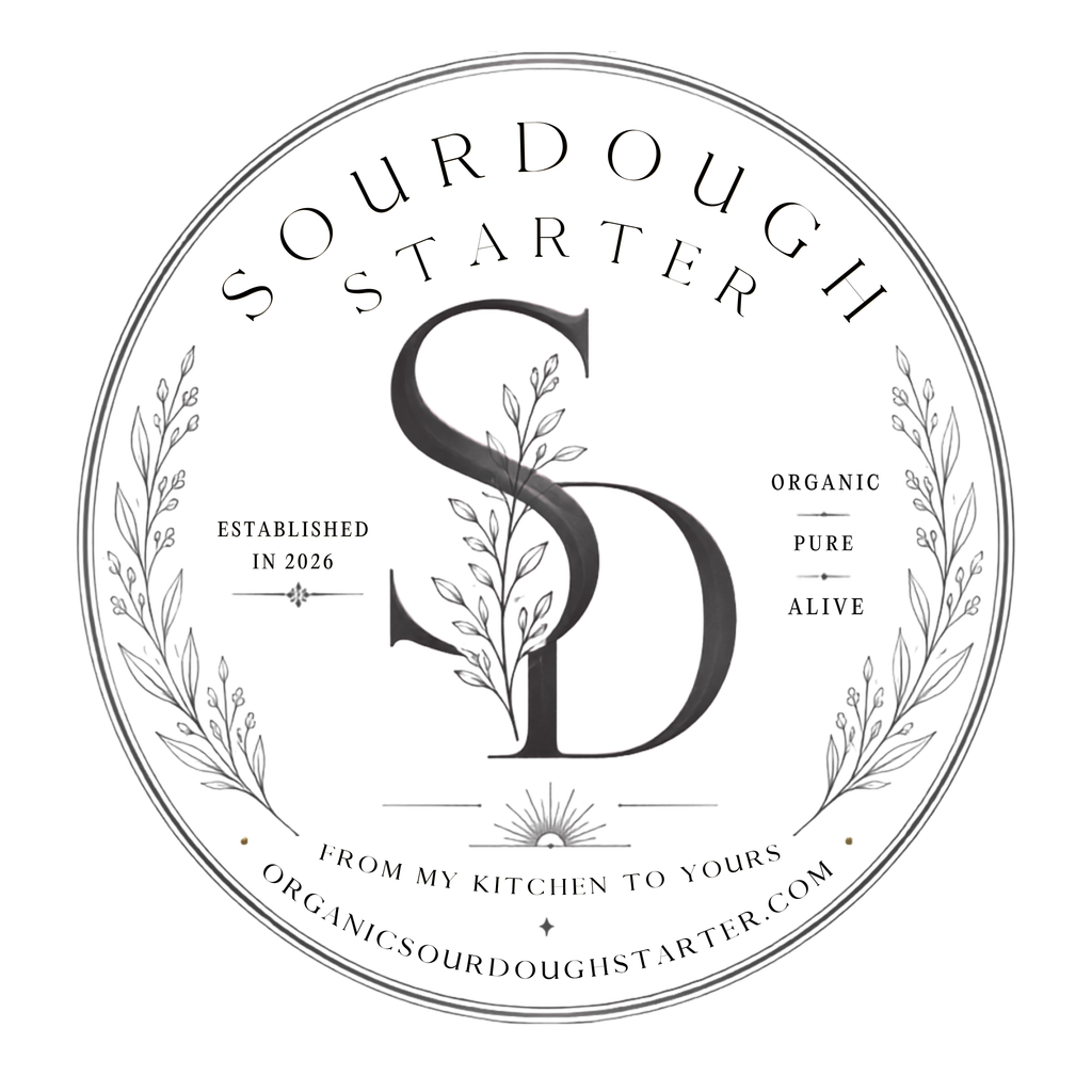 A circular black and white logo for Sourdough Starter, featuring a large stylized 'SD' monogram with leaf details, decorative wreath elements, and text reading 'Sourdough Starter,' 'Organic Pure Alive,' and 'From My Kitchen to Yours' with the website orgsourdoughstarter.com.